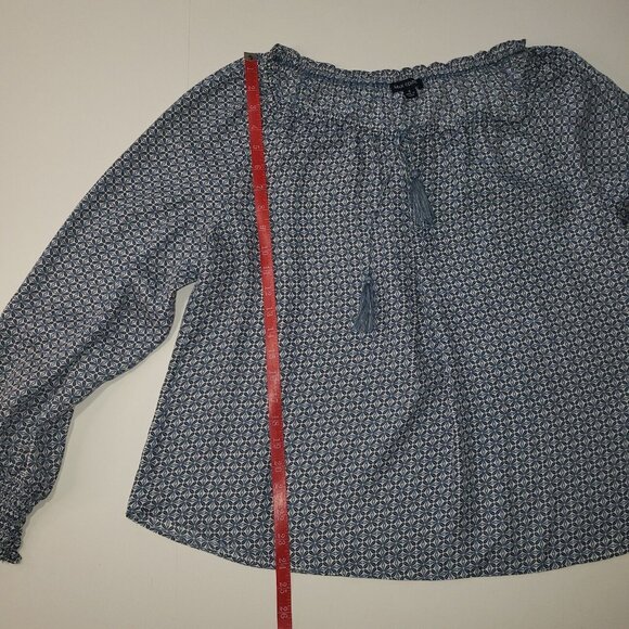 Max Edition Women Blouse Blue White Geometric Long Sleeve Peasant Top Size Small - Picture 5 of 14